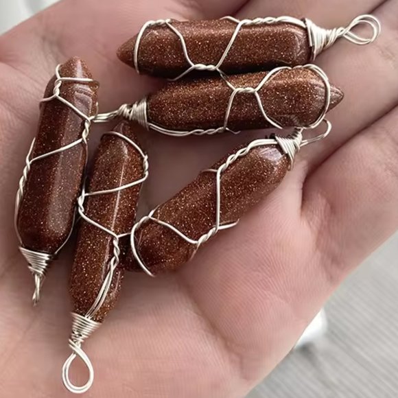 Gold Sandstone Natural Gemstone Hexagonal Point Wire Wrapped Pendant Necklace - Picture 2 of 3